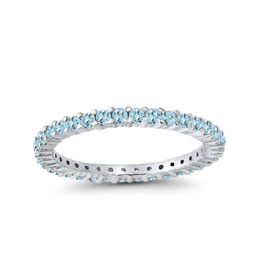 Full Eternity Wedding Band Round Simulated Aquamarine CZ Ring 925 Sterling Silver